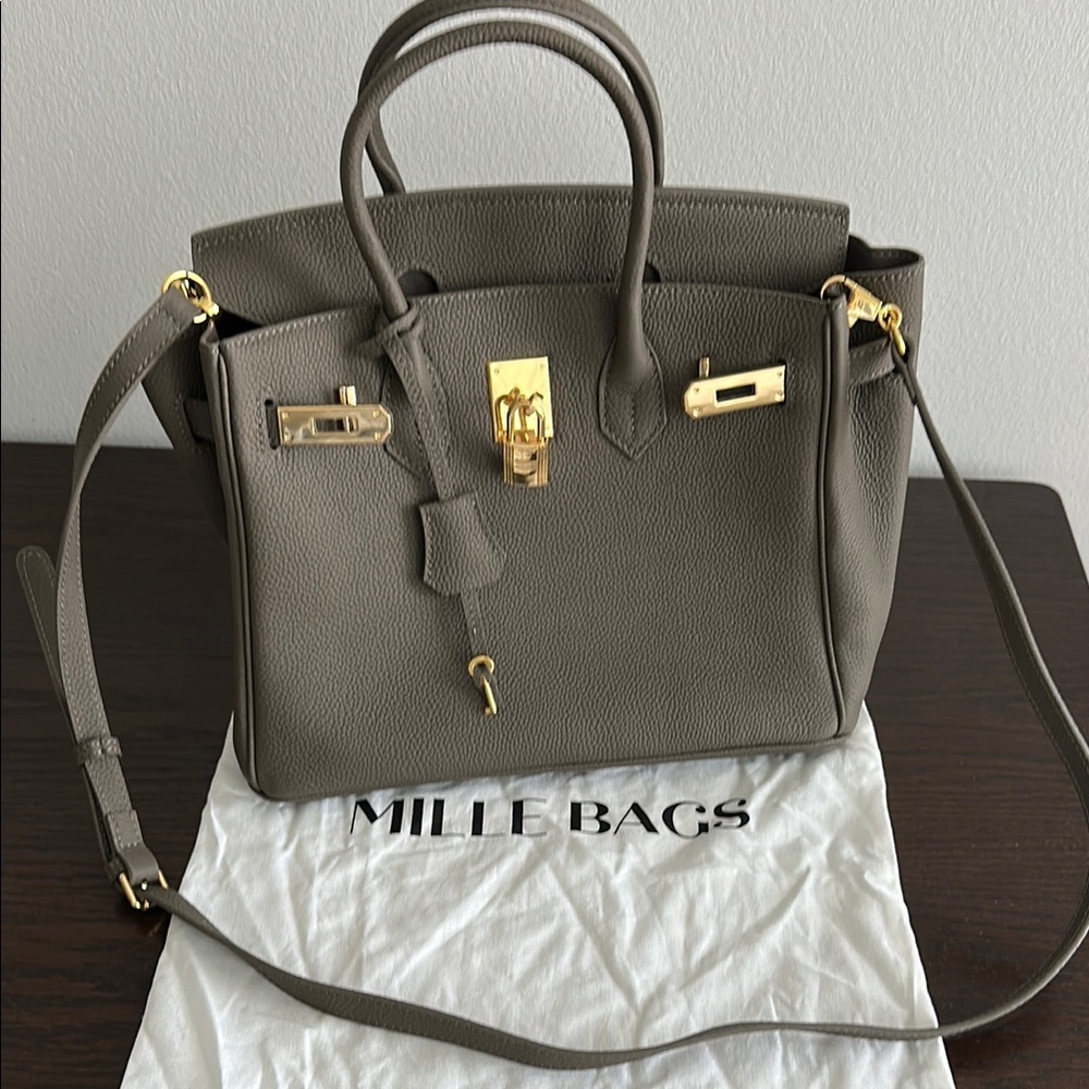 Gray Handbag with Gold Accents